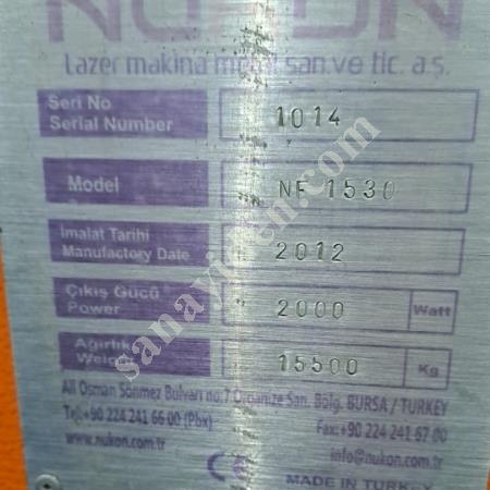 SATILIK 2012 MODEL NUKON NF1530 LAZER KESİM MAKİNESİ, Lazer Kesim Makinası